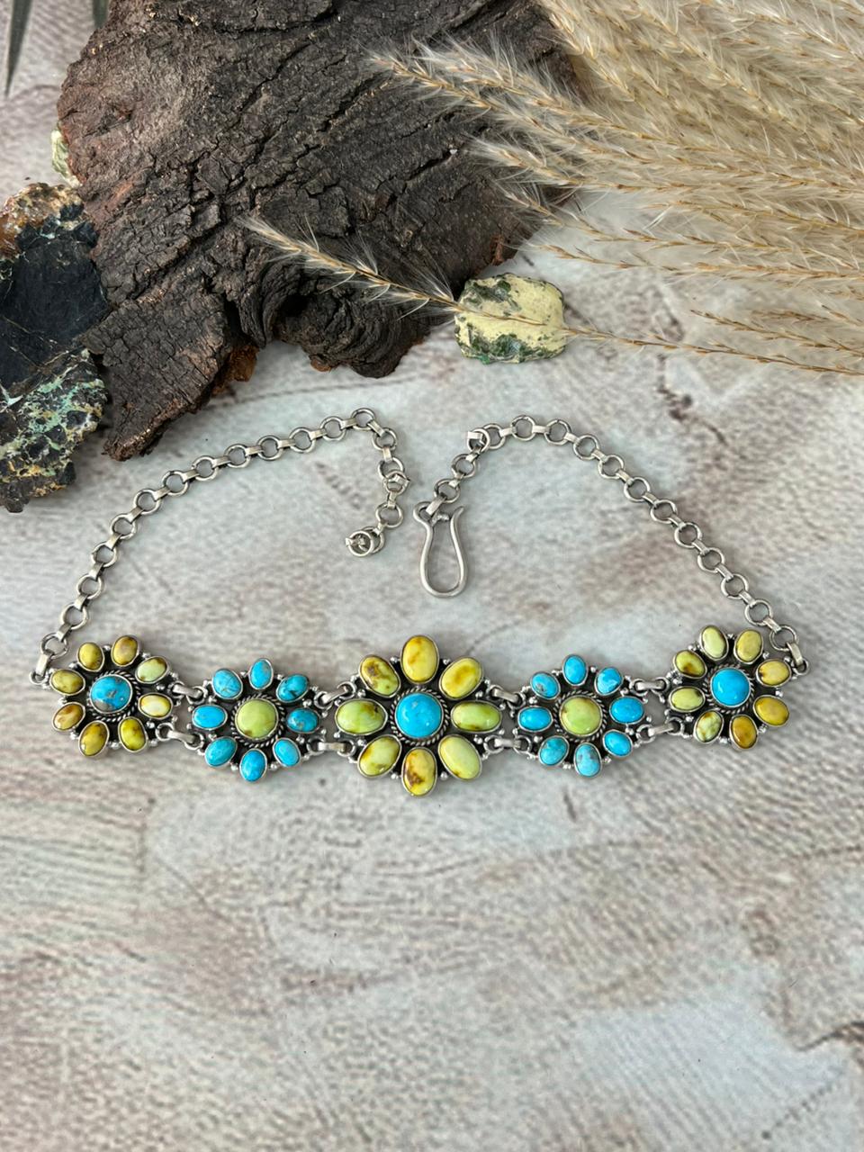 Handmade Sterling Silver Sierra Bella with Palomino Turquoise Collection: Choker Necklace "Signed Nizhoni"