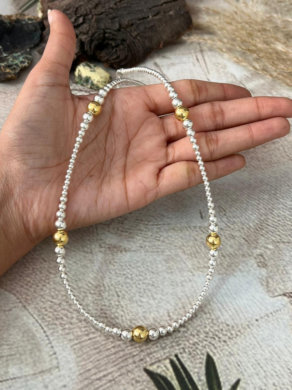 Handmade Sterling Silver and Gold Shiny Beaded Necklace "Signed Nizhoni"