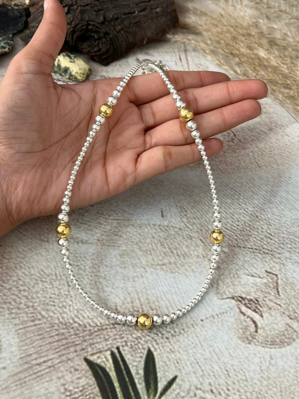 Handmade Sterling Silver and Gold Shiny Beaded Necklace "Signed Nizhoni"