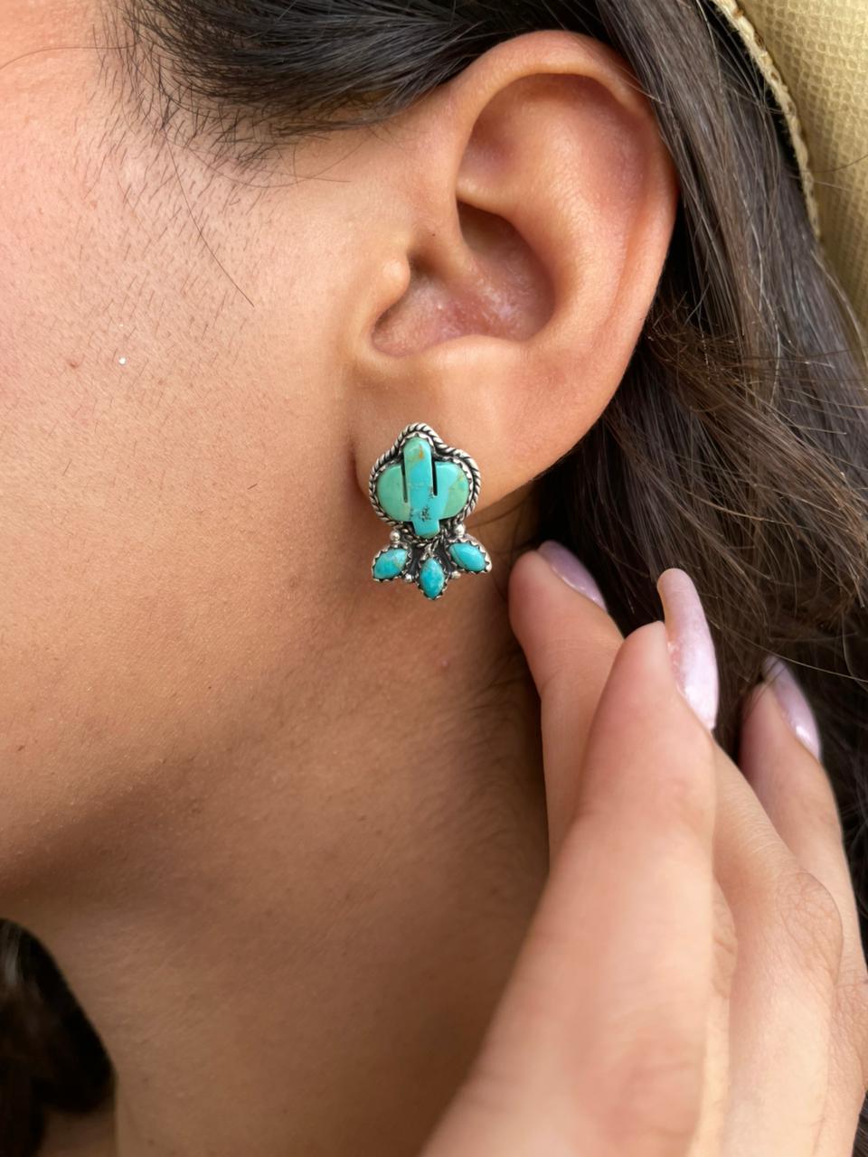 Handmade Sterling Silver Kingman Turquoise Post Studs Cactus Earrings "Signed Nizhoni"