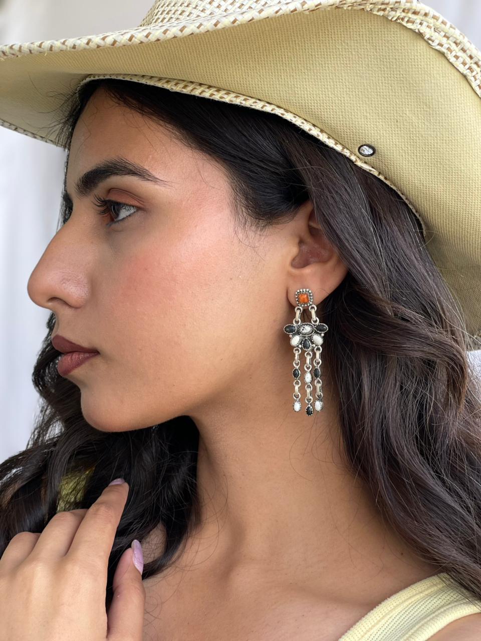 Handmade Sterling Silver White Buffalo with Orange Mojave Post Dangle Earrings "Signed Nizhoni"