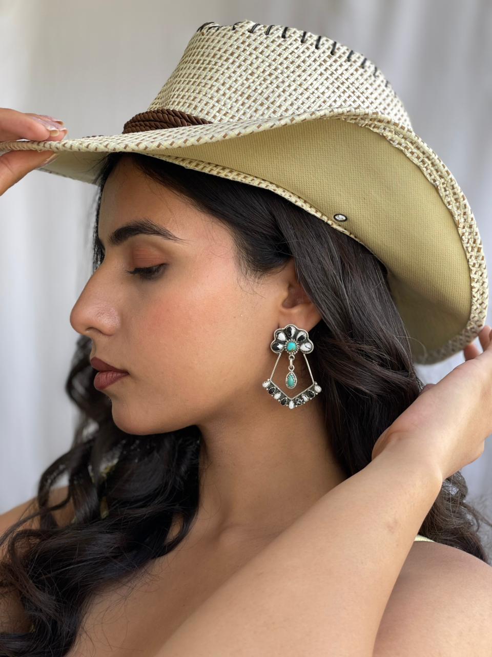 Handmade Sterling Silver White Buffalo with Kingman Turquoise Post Dangle Earrings "Signed Nizhoni"