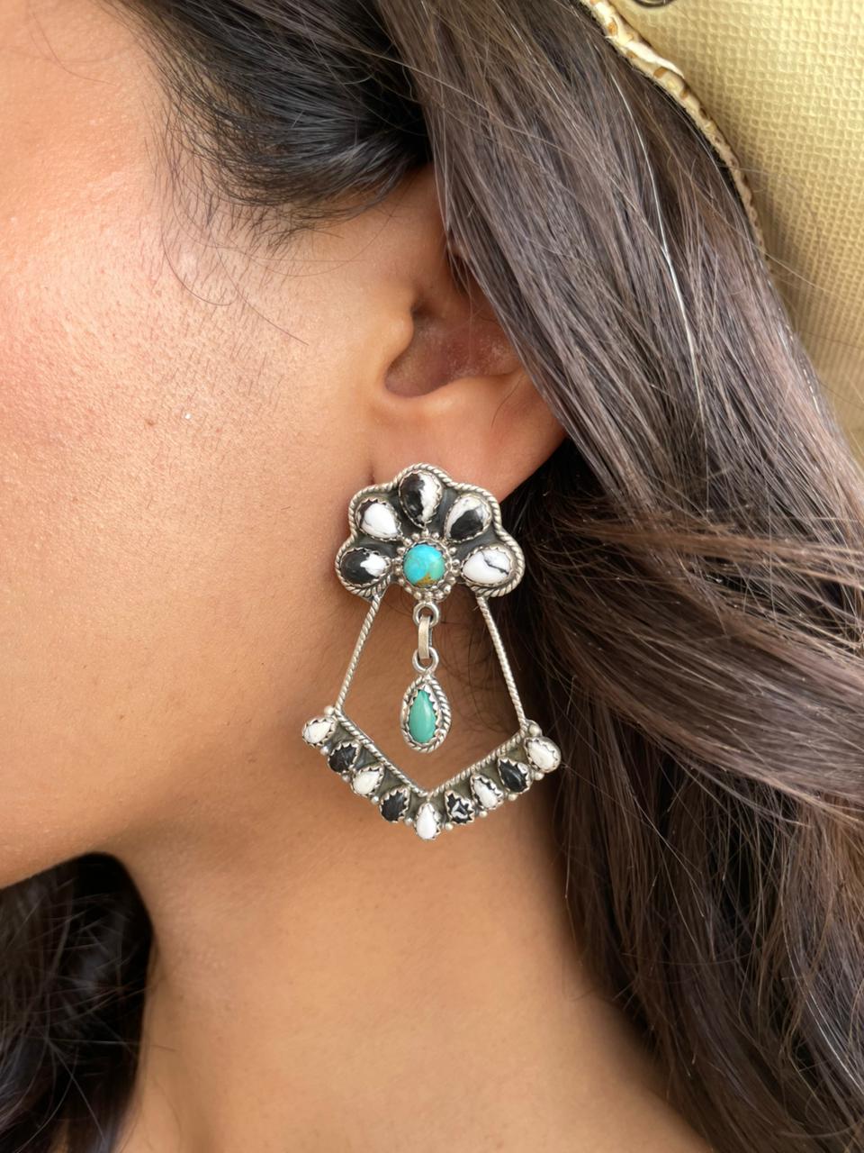 Handmade Sterling Silver White Buffalo with Kingman Turquoise Post Dangle Earrings "Signed Nizhoni"