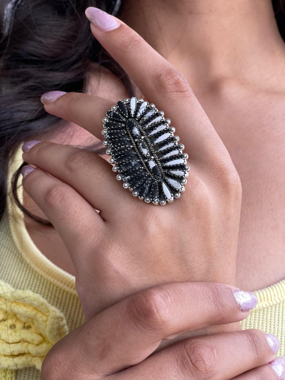 Handmade Sterling Silver White Buffalo Adjustable Ring "Signed Nizhoni"