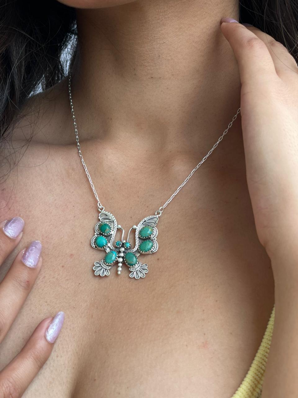 Handmade Sterling Silver Kingman Turquoise Butterfly Necklace "Signed Nizhoni"