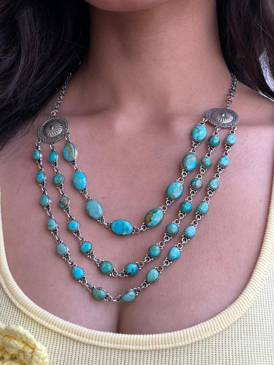 Handmade Sterling Silver Kingman Turquoise Layered Necklace "Signed Nizhoni"