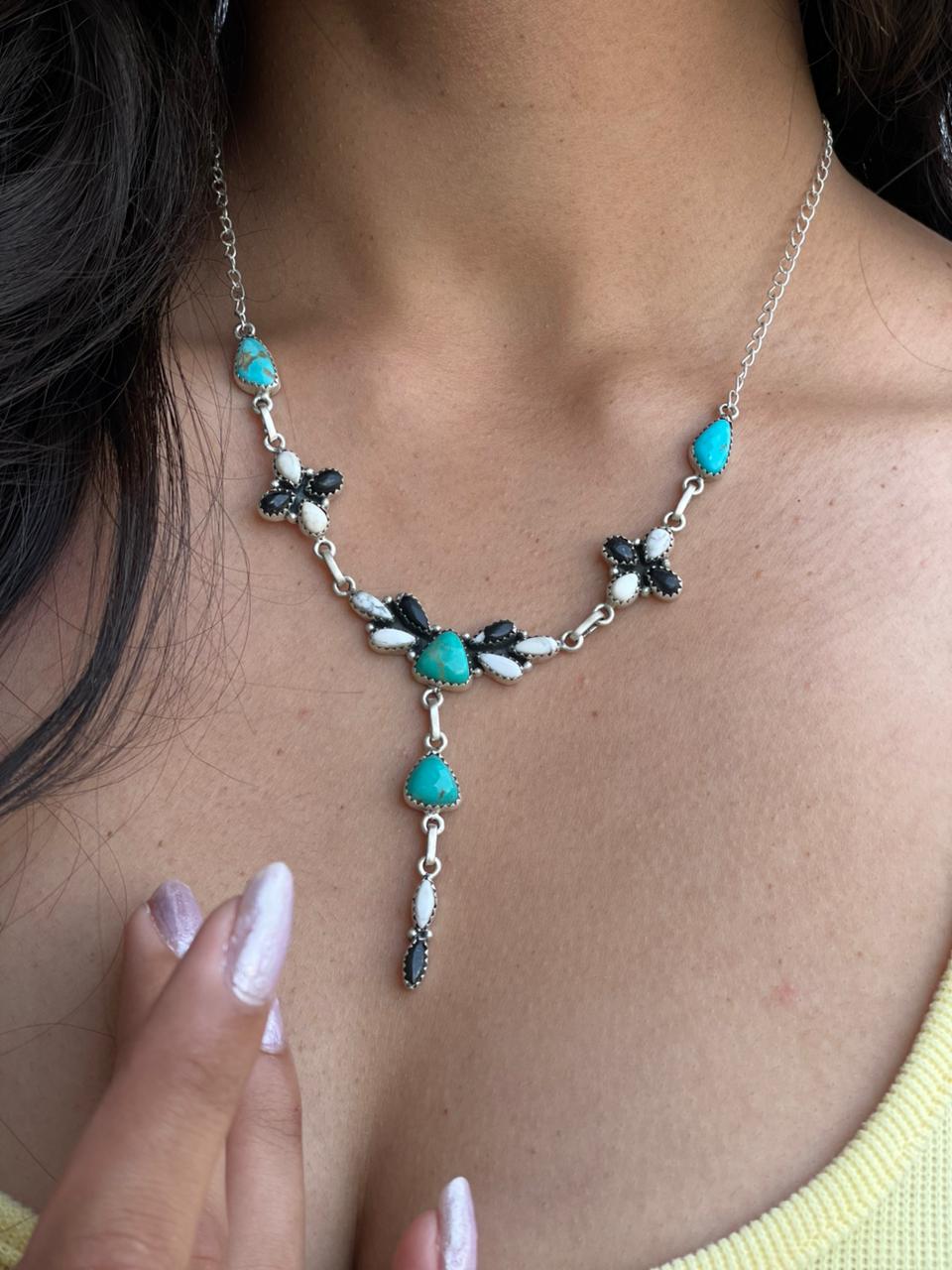 Handmade Sterling Silver Santa Maria Turquoise with White Buffalo Drop Necklace "Signed Nizhoni"