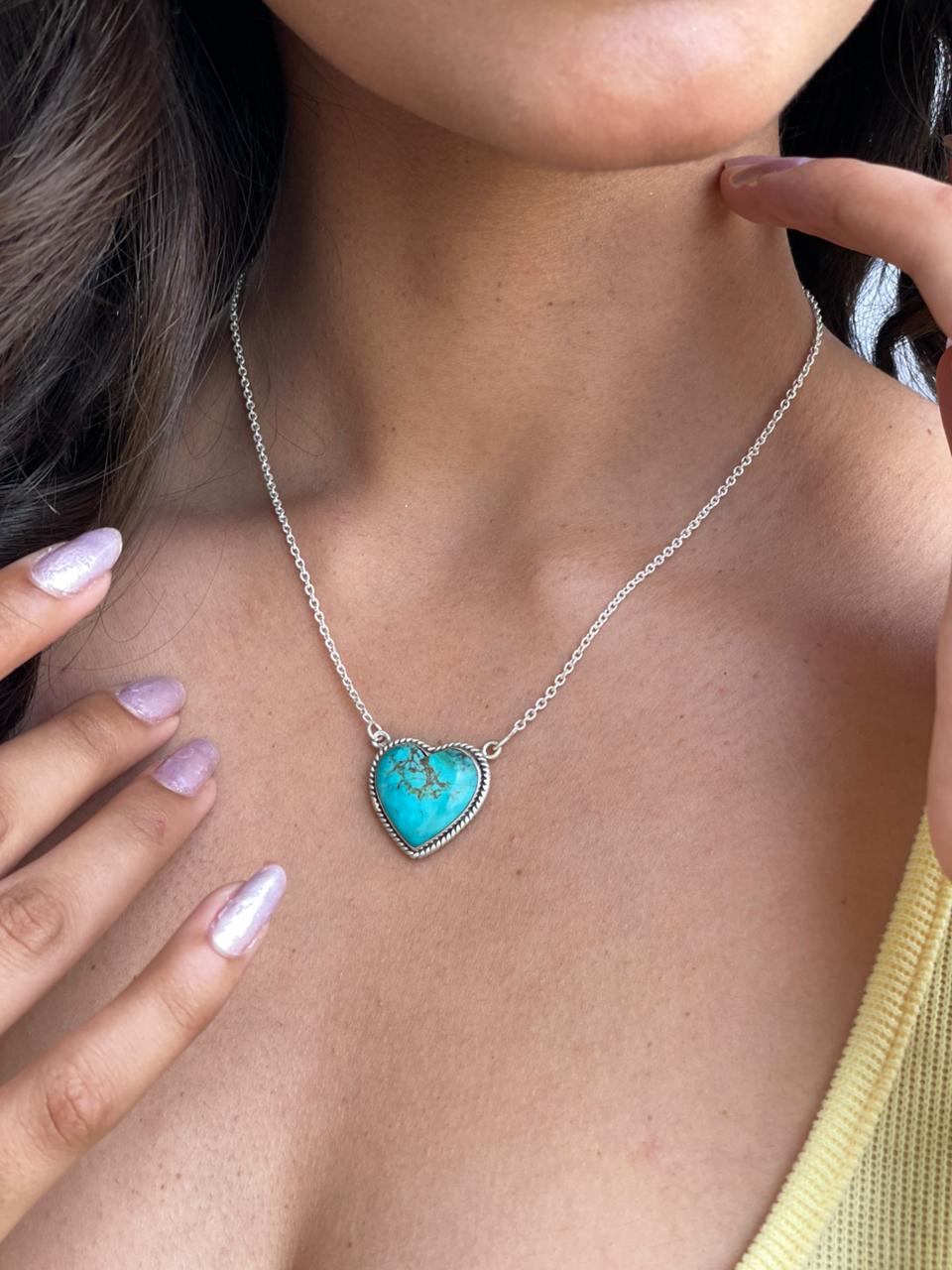 Handmade Sterling Silver Manassa Turquoise Collection: Heart Necklace "Signed Nizhoni"