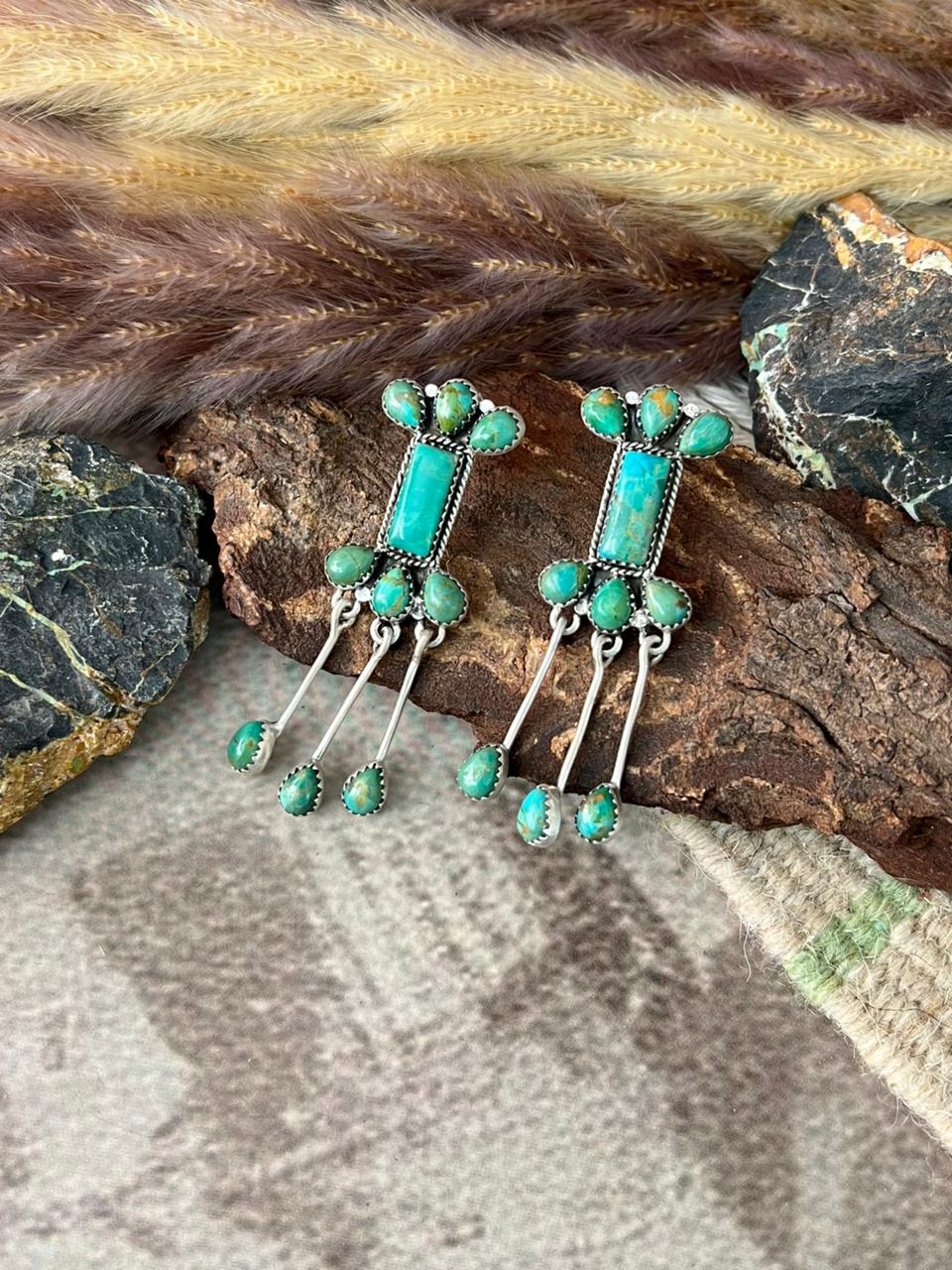 Handmade Sterling Silver Kingman Turquoise Post Dangle Earrings "Signed Nizhoni"
