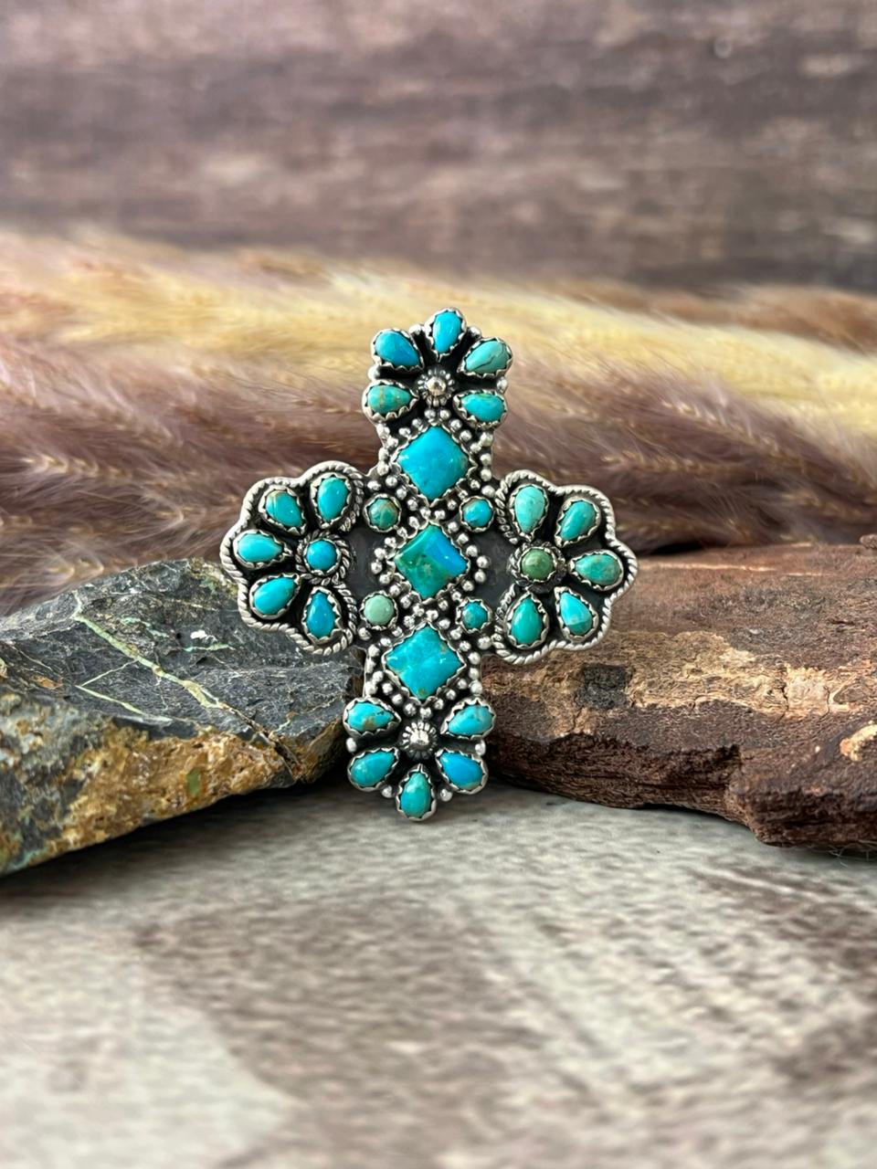 Handmade Sterling Silver Kingman Turquoise Adjustable Ring "Signed Nizhoni"