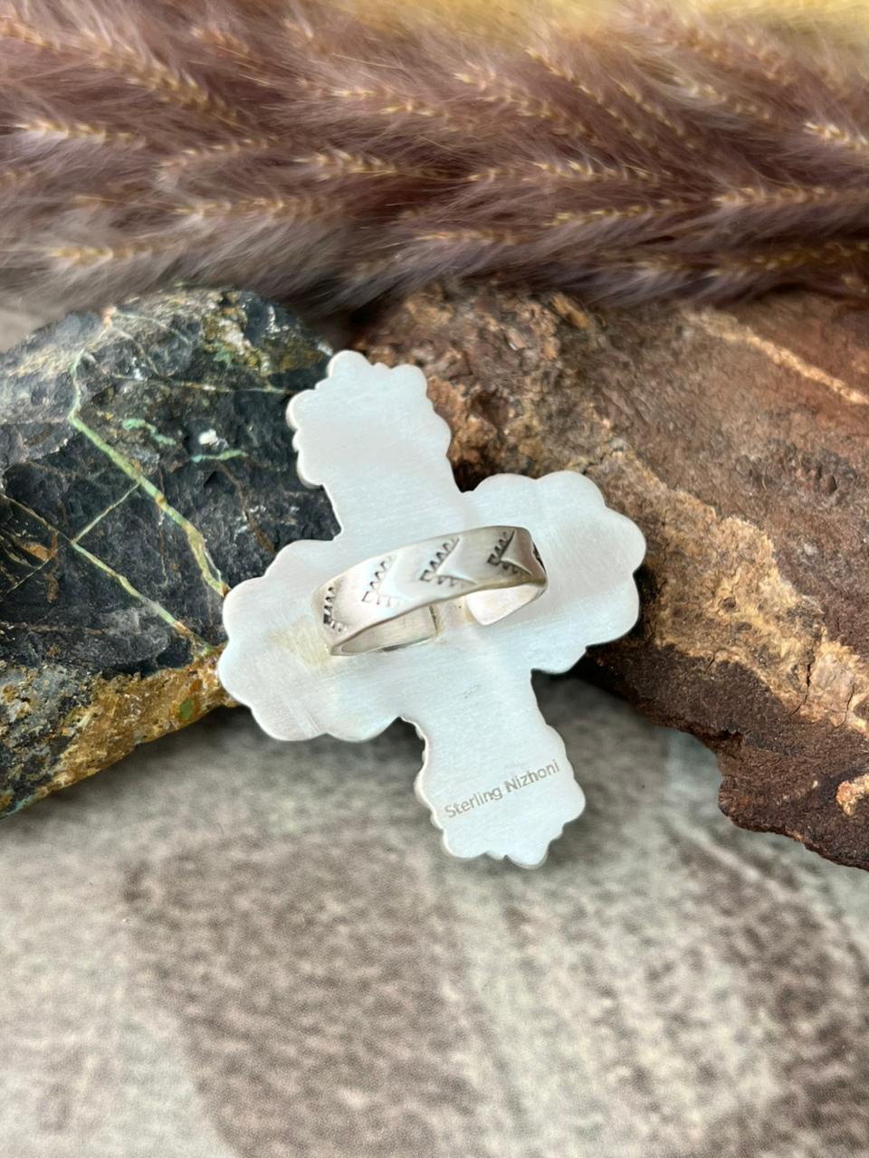 Handmade Sterling Silver Kingman Turquoise Adjustable Ring "Signed Nizhoni"
