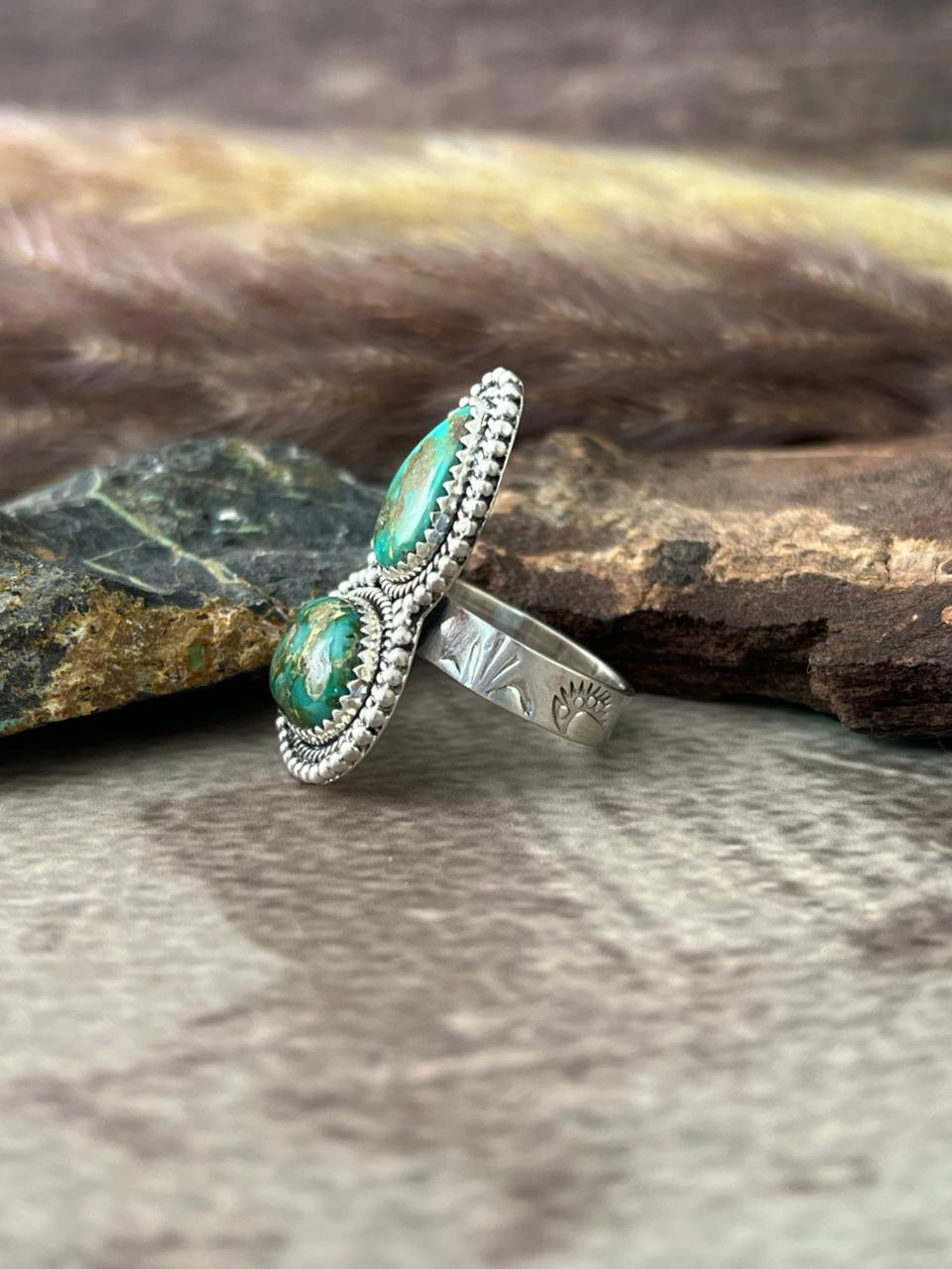 Handmade Sterling Silver Sonoran Mountain Turquoise Adjustable Ring "Signed Nizhoni"