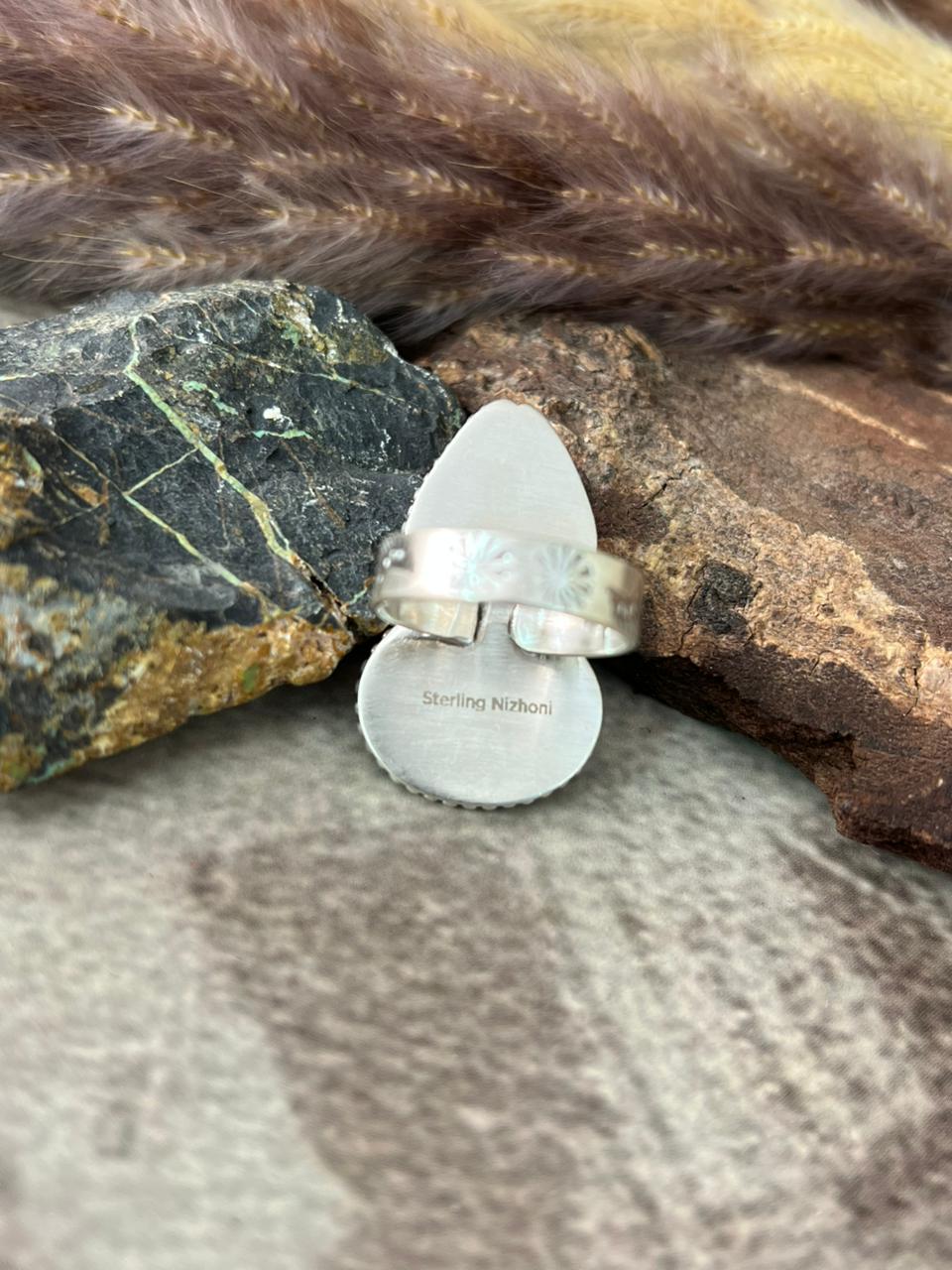 Handmade Sterling Silver Sonoran Mountain Turquoise Adjustable Ring "Signed Nizhoni"