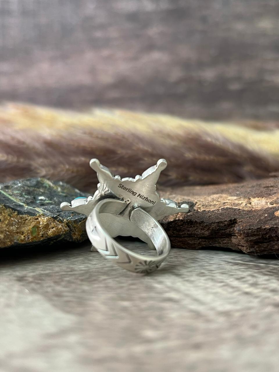 Handmade Sterling Silver Kingman Turquoise Adjustable Ring "Signed Nizhoni"
