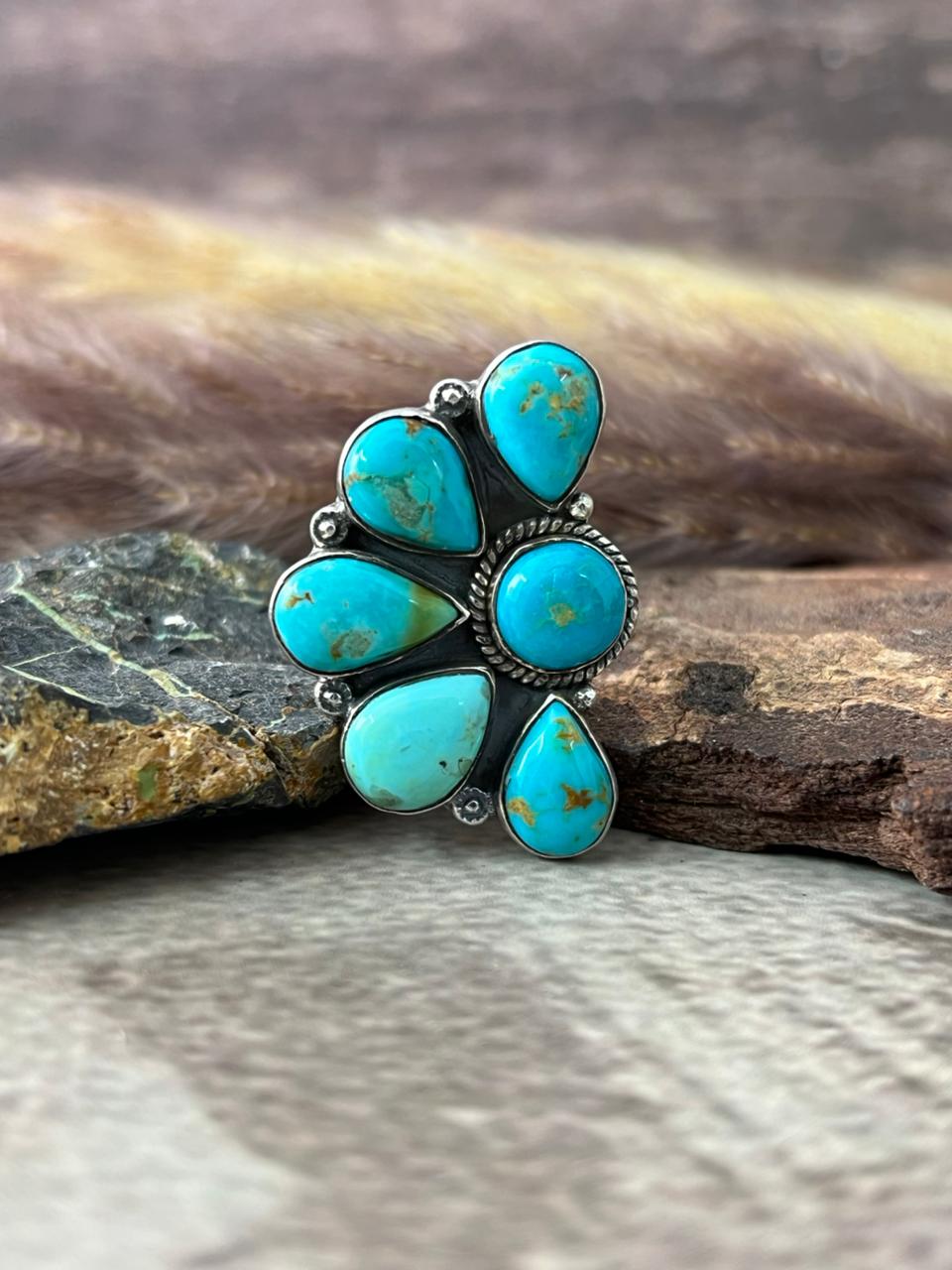 Handmade Sterling Silver Santa Maria Turquoise Adjustable Ring "Signed Nizhoni"