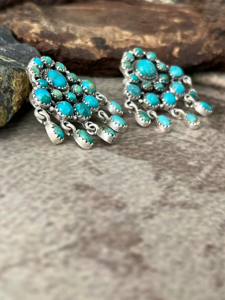 Handmade Sterling Silver Kingman Turquoise Post Dangle Earrings "Signed Nizhoni"