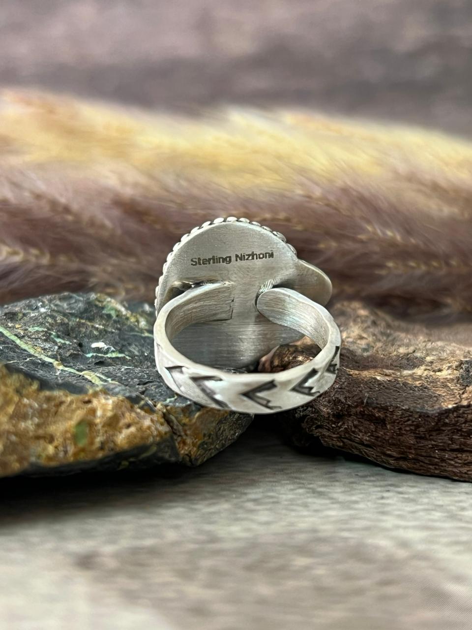 Handmade Sterling Silver Number 8 Turquoise Adjustable Ring "Signed Nizhoni"
