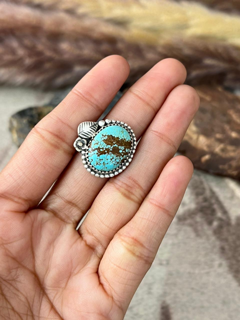 Handmade Sterling Silver Number 8 Turquoise Adjustable Ring "Signed Nizhoni"