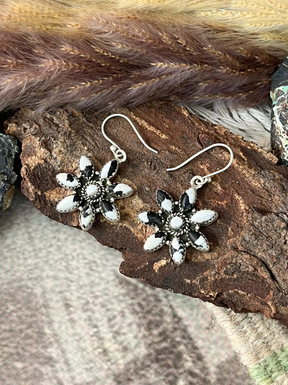 Handmade Sterling Silver White Buffalo Hook Dangle Earrings "Signed Nizhoni"