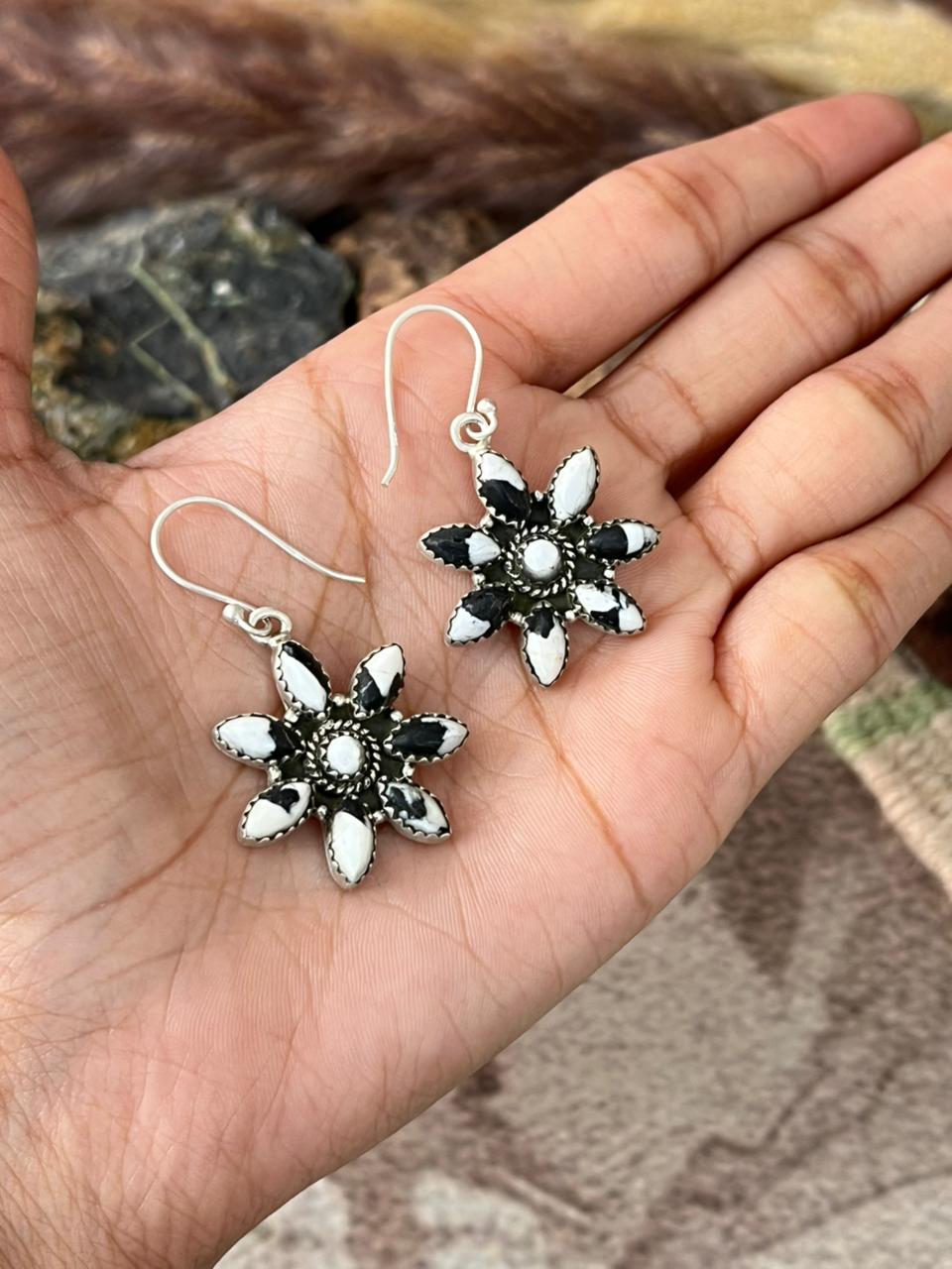 Handmade Sterling Silver White Buffalo Hook Dangle Earrings "Signed Nizhoni"