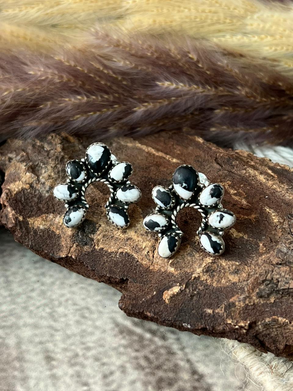 Handmade Sterling Silver White Buffalo Post Studs Earrings "Signed Nizhoni"