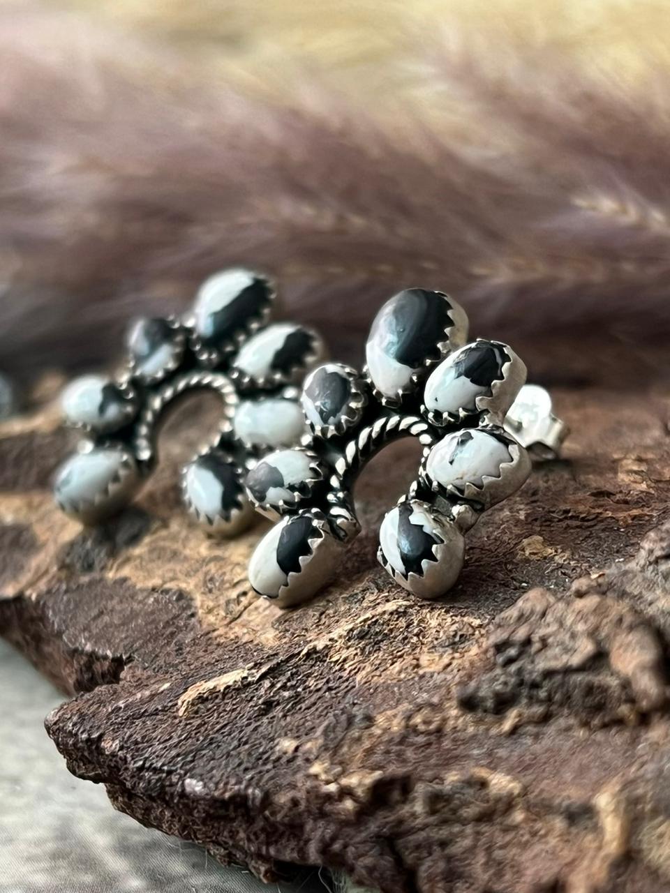 Handmade Sterling Silver White Buffalo Post Studs Earrings "Signed Nizhoni"