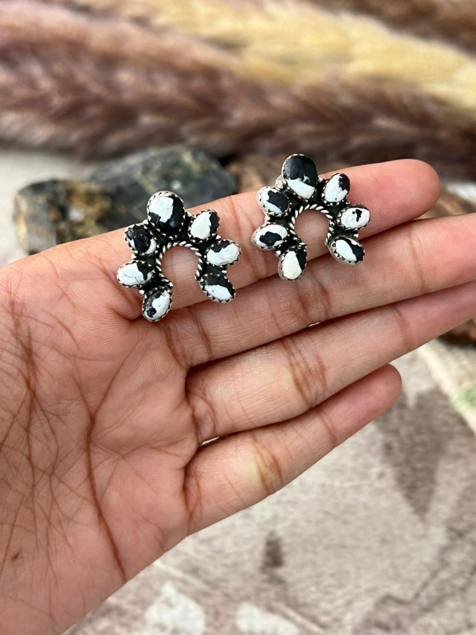 Handmade Sterling Silver White Buffalo Post Studs Earrings "Signed Nizhoni"