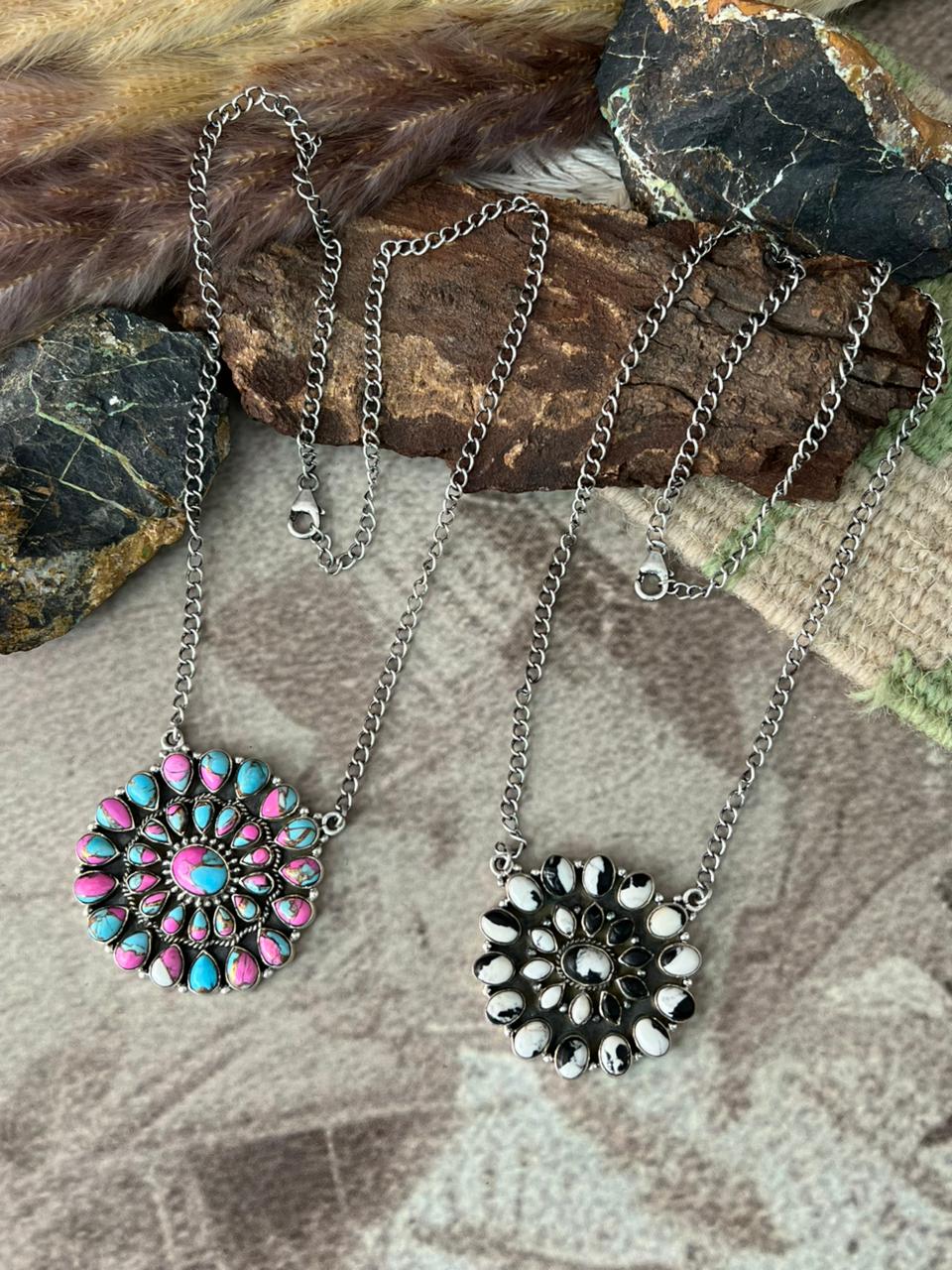 Handmade Sterling Silver Cotton Candy and White Buffalo Necklace "Signed Nizhoni"