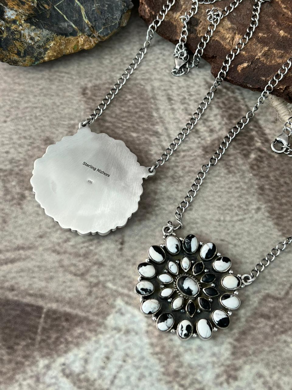Handmade Sterling Silver Cotton Candy and White Buffalo Necklace "Signed Nizhoni"
