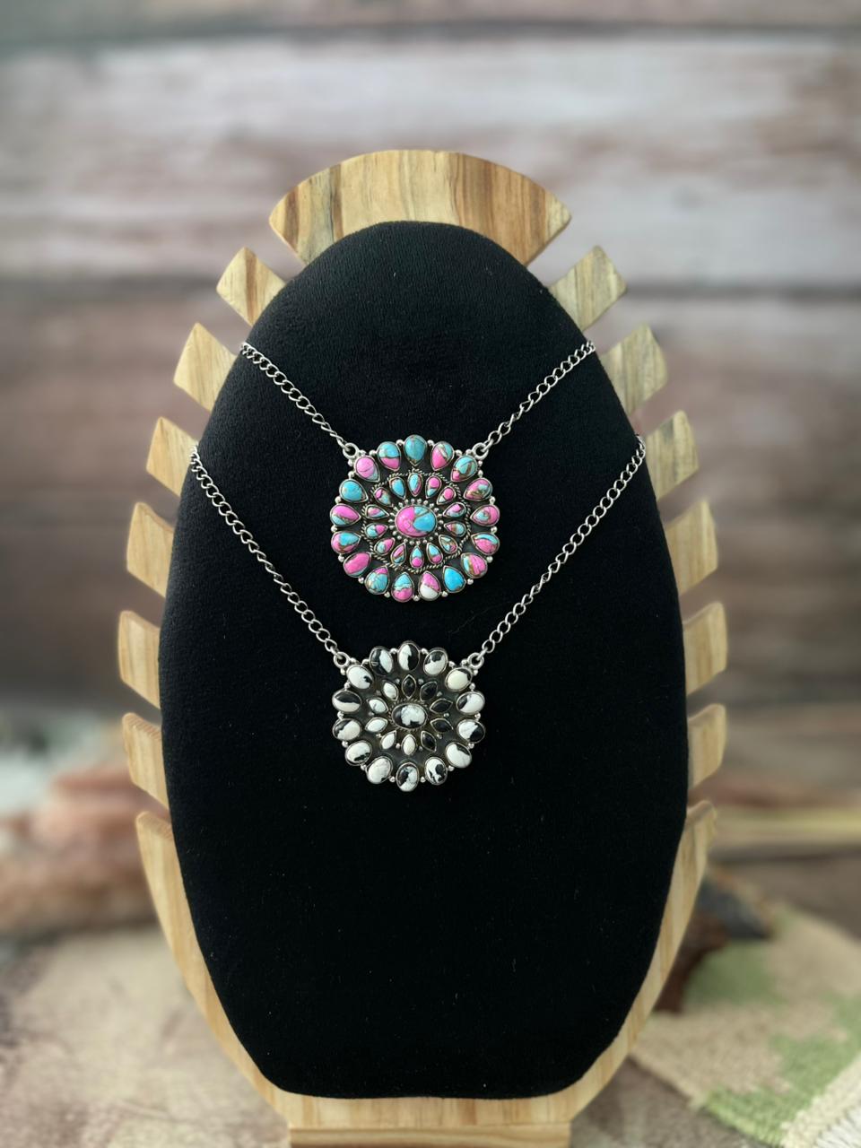 Handmade Sterling Silver Cotton Candy and White Buffalo Necklace "Signed Nizhoni"