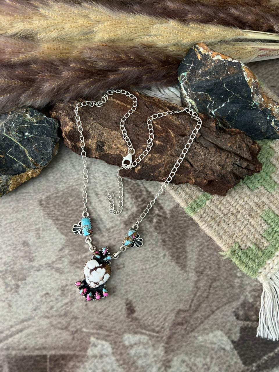 Handmade Sterling Silver Cotton Candy with Wildhorse Magnesite Necklace "Signed Nizhoni"