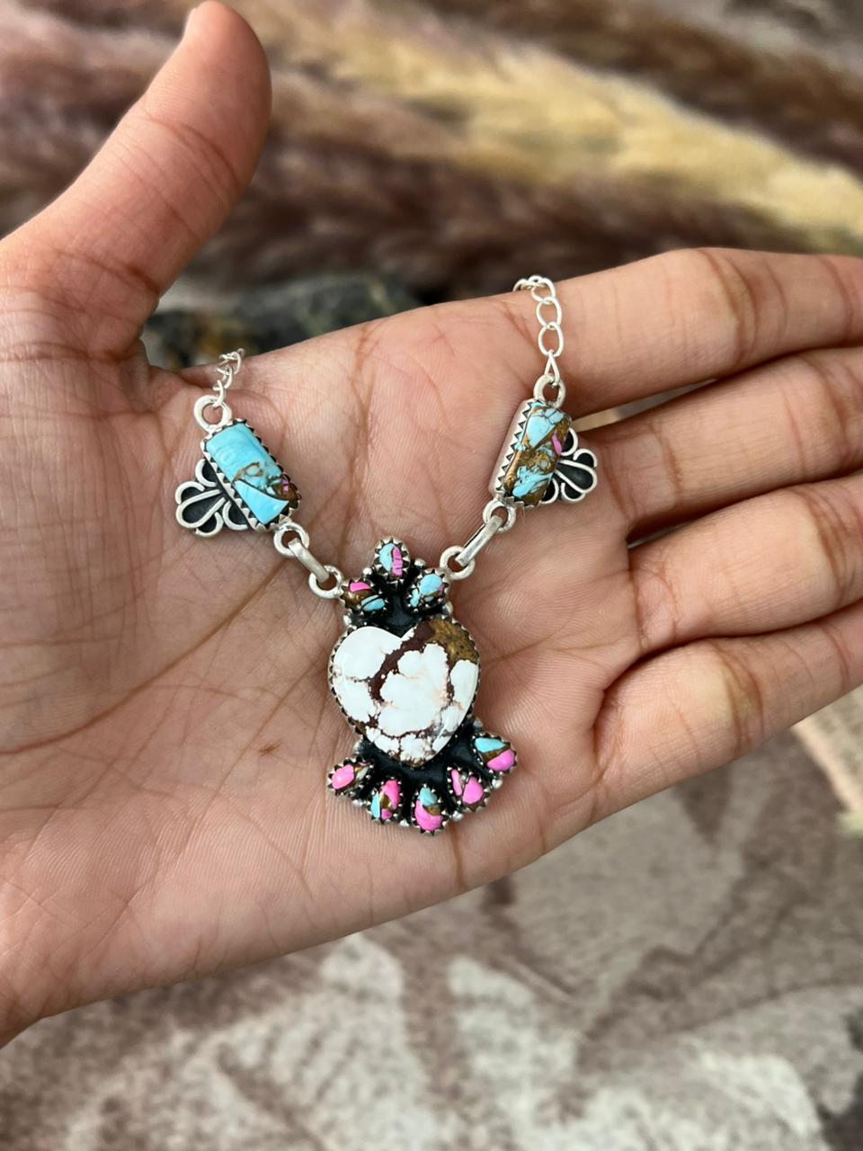 Handmade Sterling Silver Cotton Candy with Wildhorse Magnesite Necklace "Signed Nizhoni"