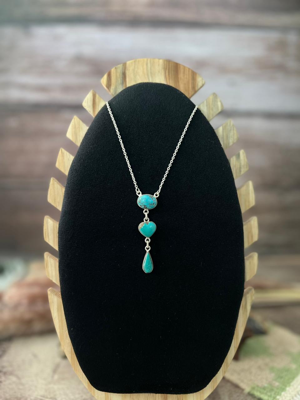 Handmade Sterling Silver Manassa Turquoise Collection: Drop Heart Necklace "Signed Nizhoni"