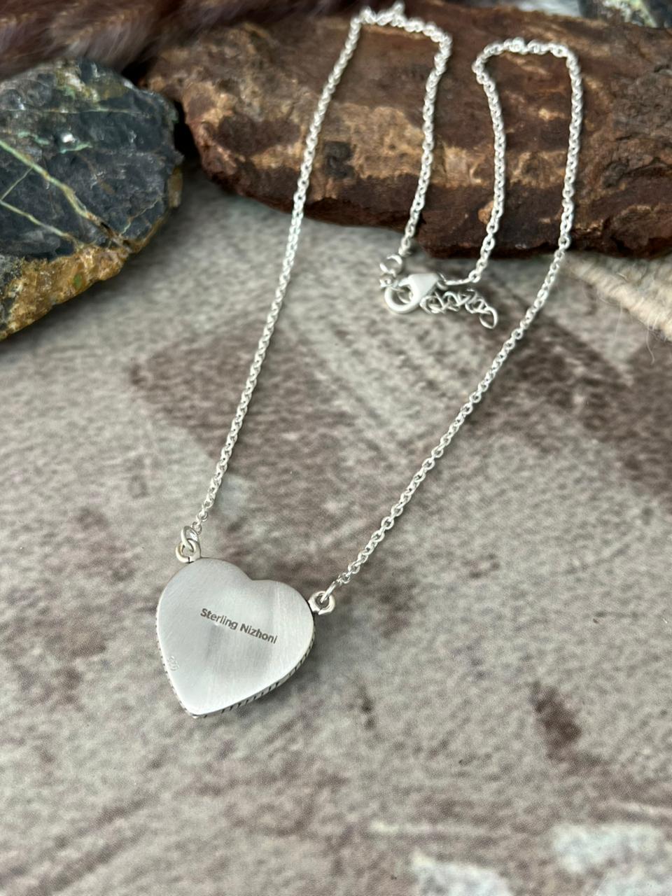 Handmade Sterling Silver Manassa Turquoise Collection: Heart Necklace "Signed Nizhoni"