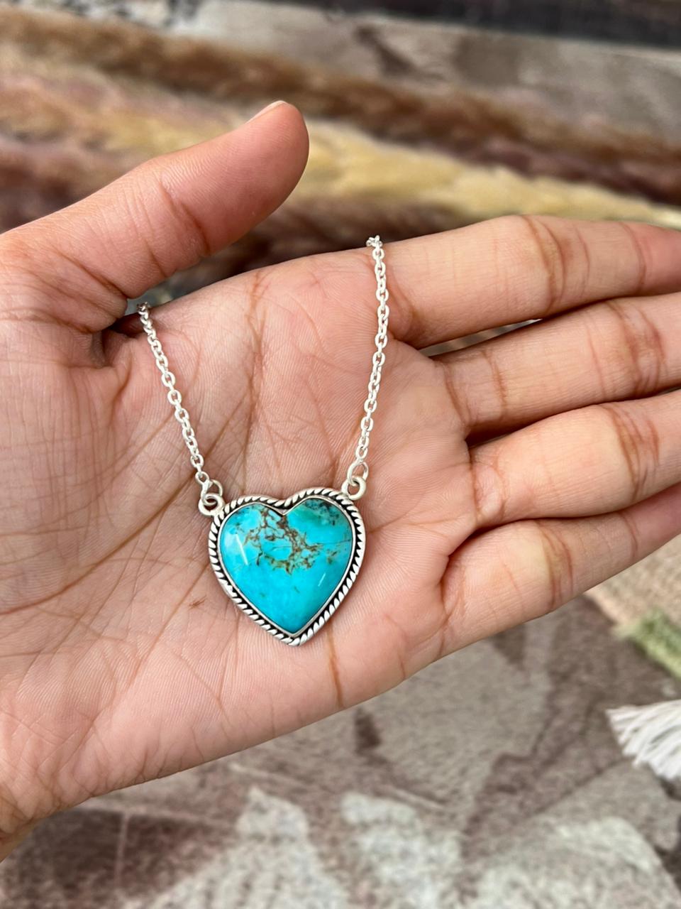 Handmade Sterling Silver Manassa Turquoise Collection: Heart Necklace "Signed Nizhoni"