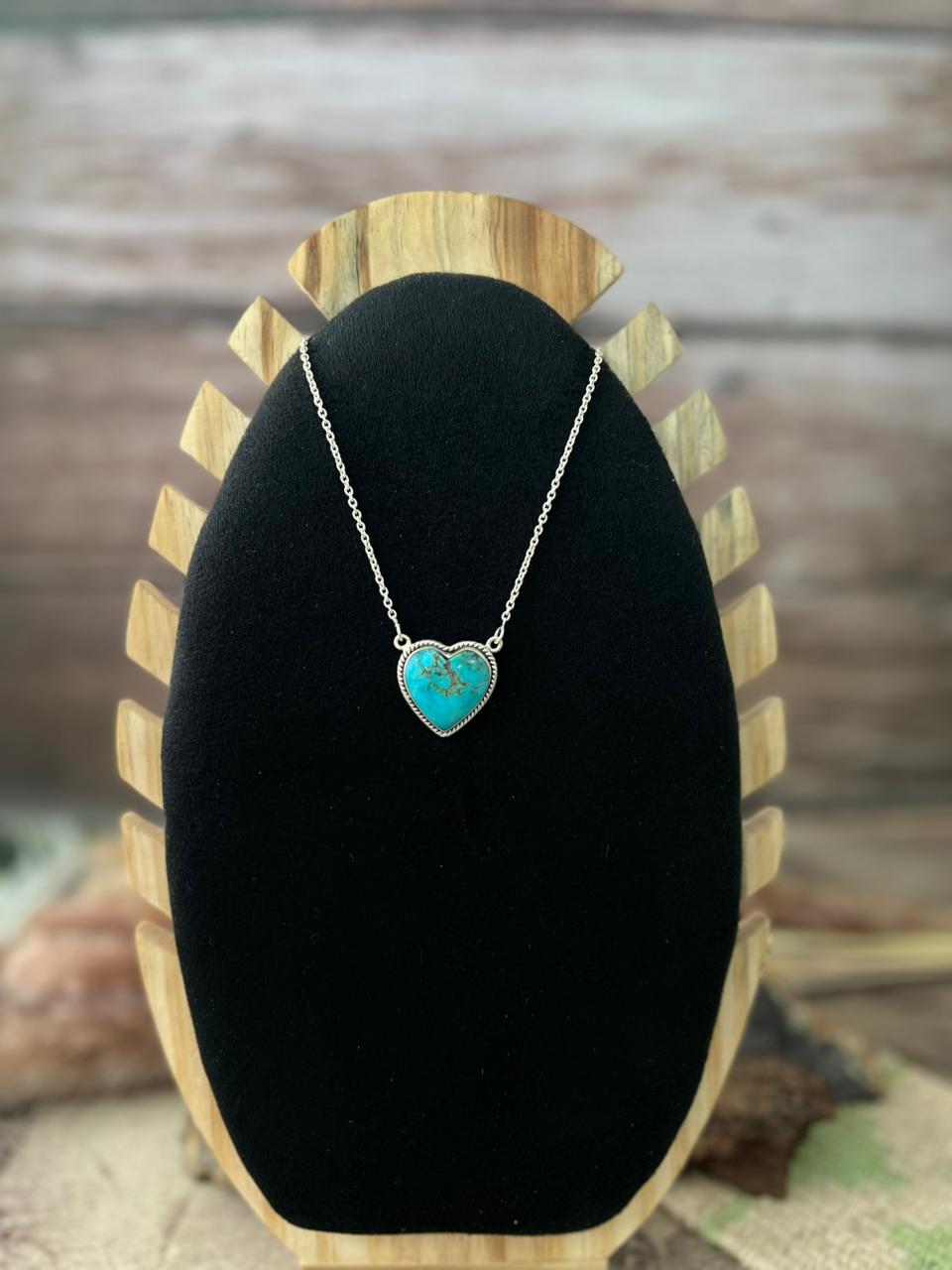 Handmade Sterling Silver Manassa Turquoise Collection: Heart Necklace "Signed Nizhoni"