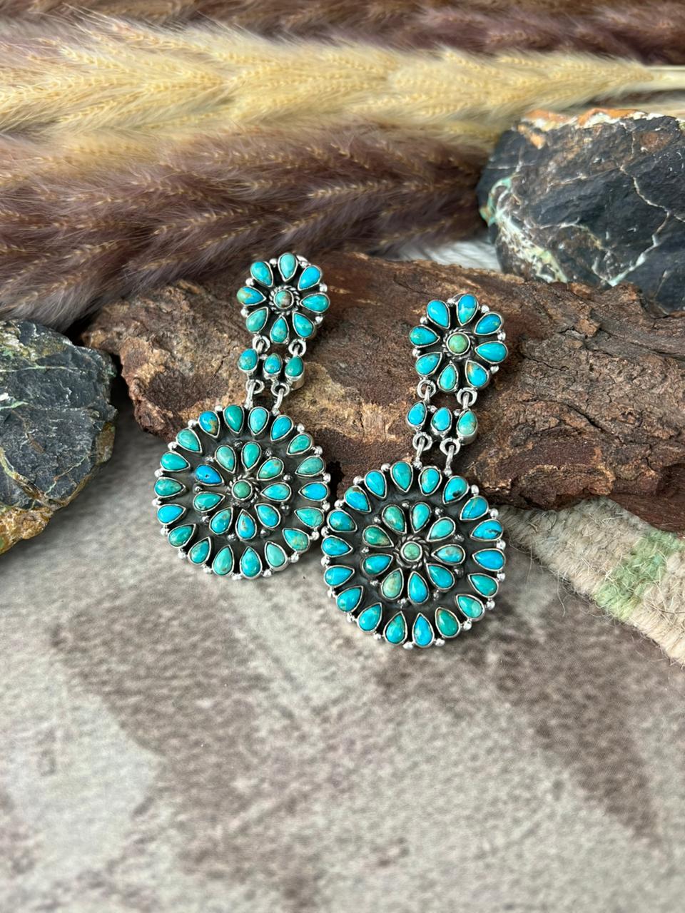 Handmade Sterling Silver Kingman Turquoise Post Dangle Earrings "Signed Nizhoni"