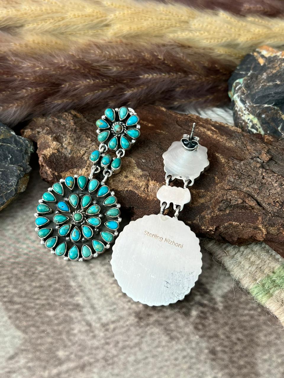 Handmade Sterling Silver Kingman Turquoise Post Dangle Earrings "Signed Nizhoni"