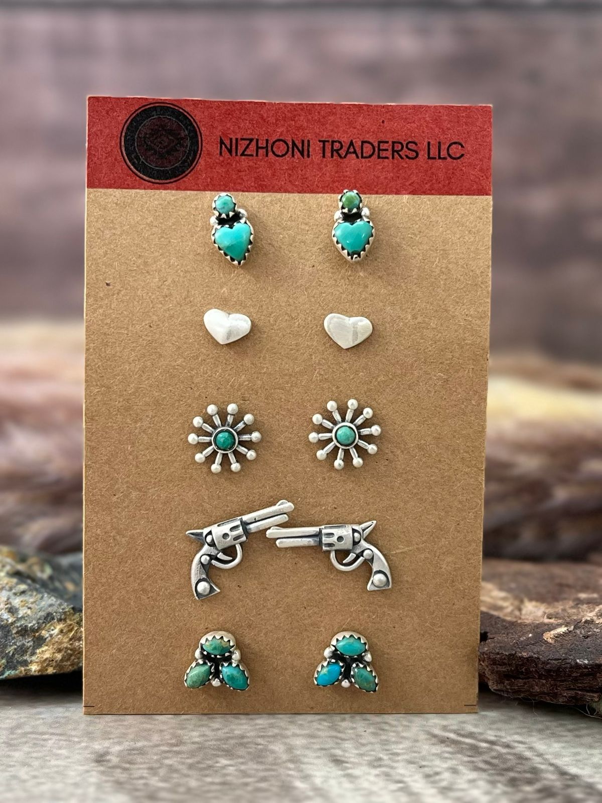 Handmade Sterling Silver Kingman Turquoise Post Studs Earrings Card