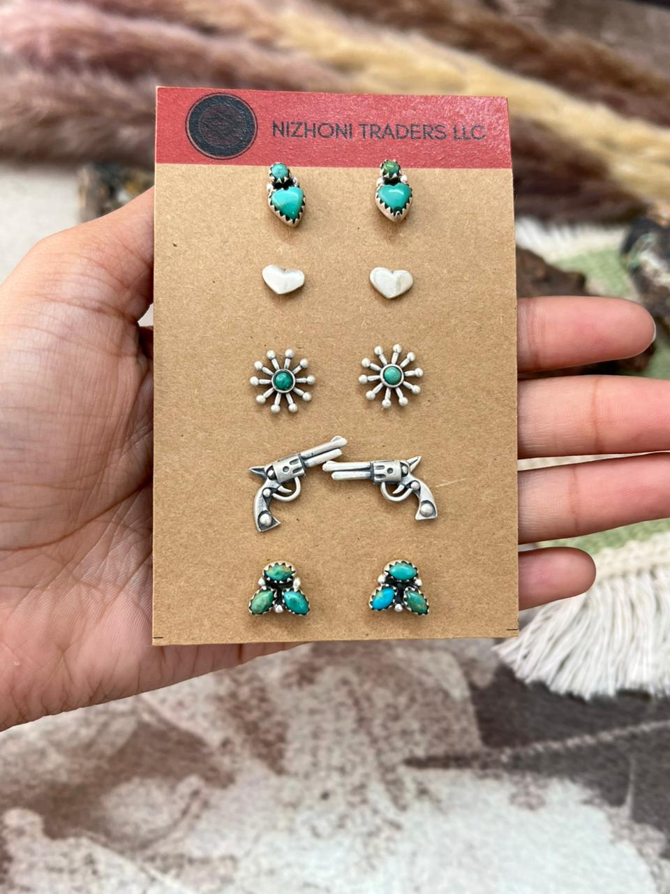 Handmade Sterling Silver Kingman Turquoise Post Studs Earrings Card