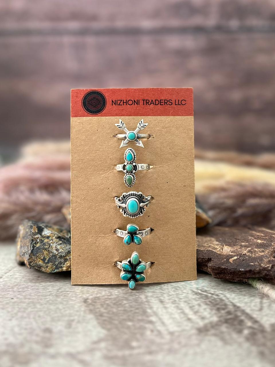 Handmade Sterling Silver Kingman Turquoise Adjustable Ring Card