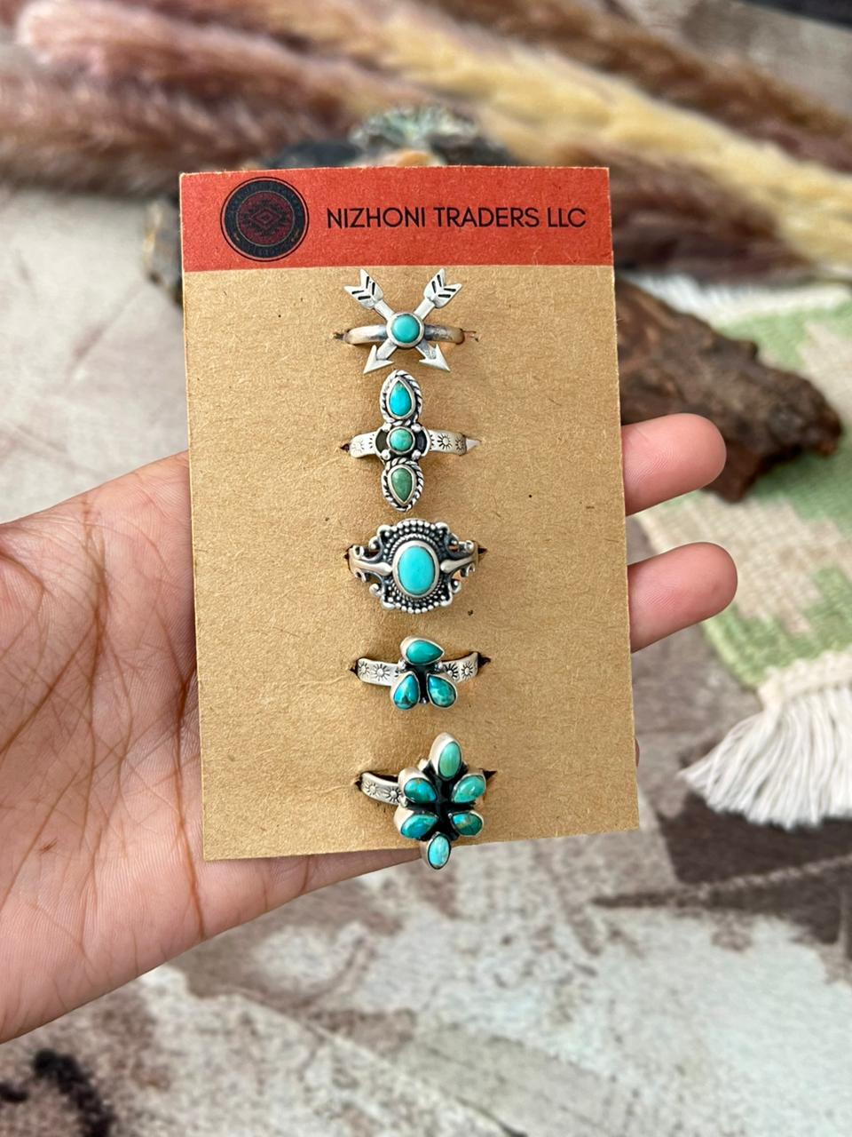 Handmade Sterling Silver Kingman Turquoise Adjustable Ring Card