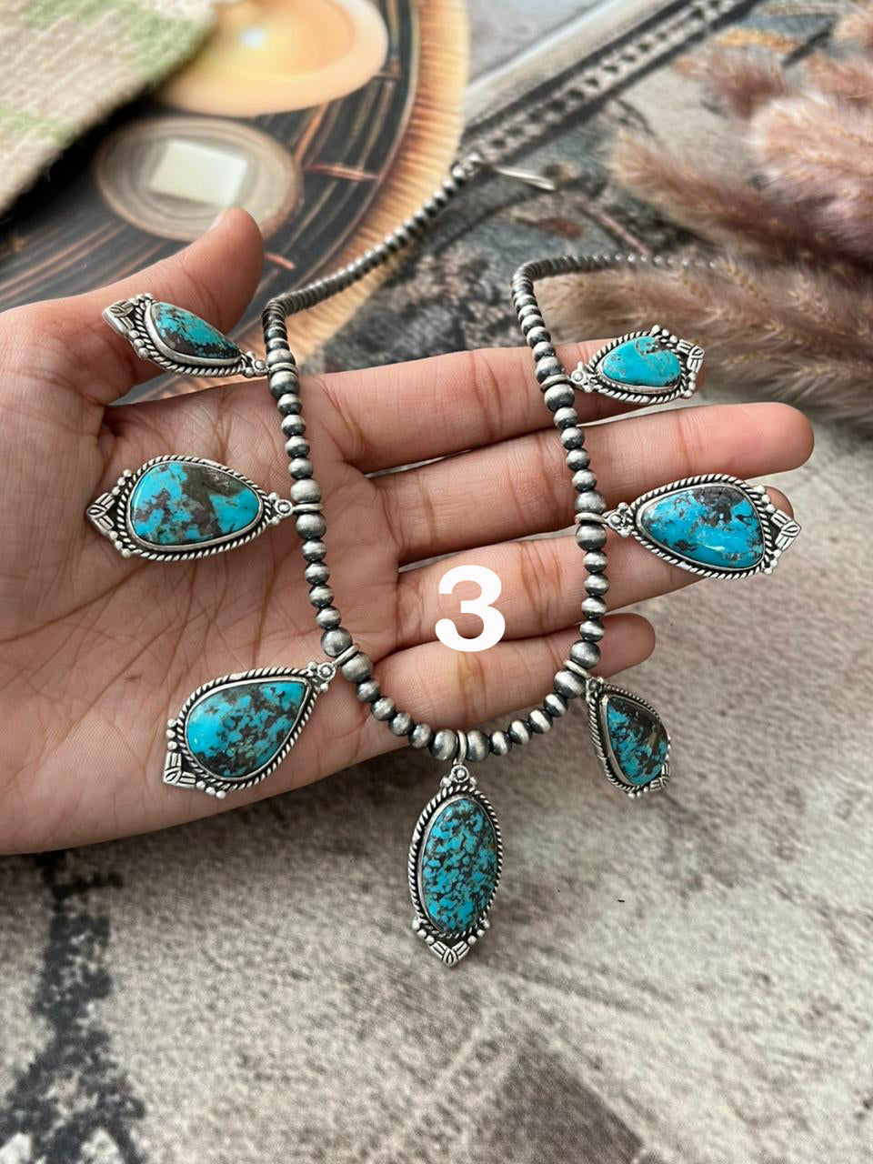 Handmade Sterling Silver Manassa Turquoise Collection: Beaded Necklace "Signed Nizhoni"