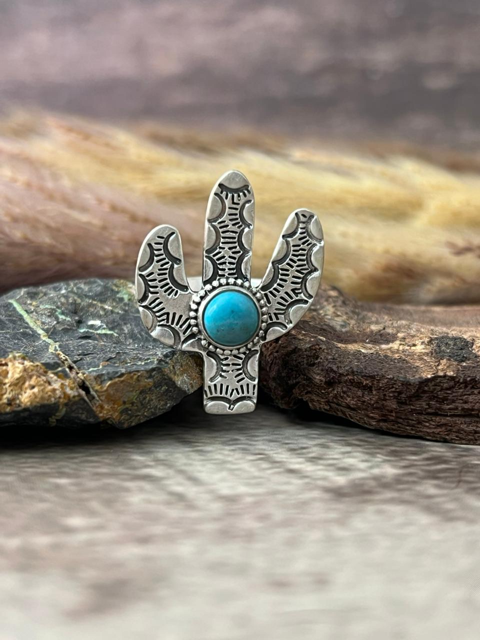 Handmade Sterling Silver Kingman Turquoise Adjustable Cactus Ring "Signed Nizhoni"