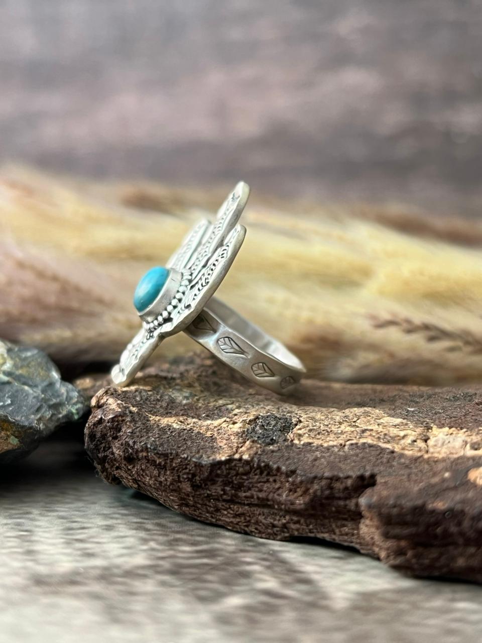 Handmade Sterling Silver Kingman Turquoise Adjustable Cactus Ring "Signed Nizhoni"