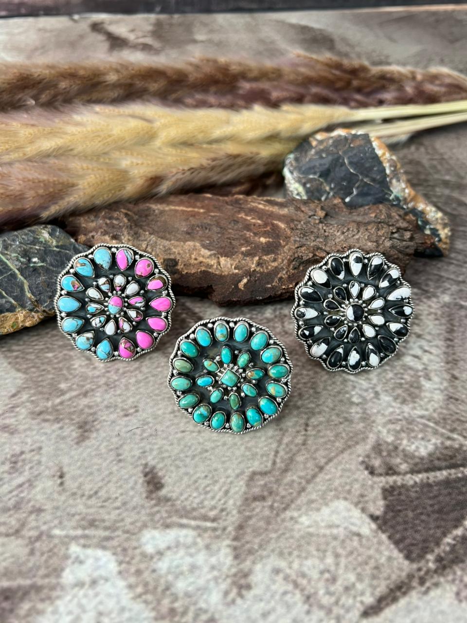 Handmade Sterling Silver Kingman Turquoise, Cotton Candy, White Buffalo Adjustable Ring "Signed Nizhoni"