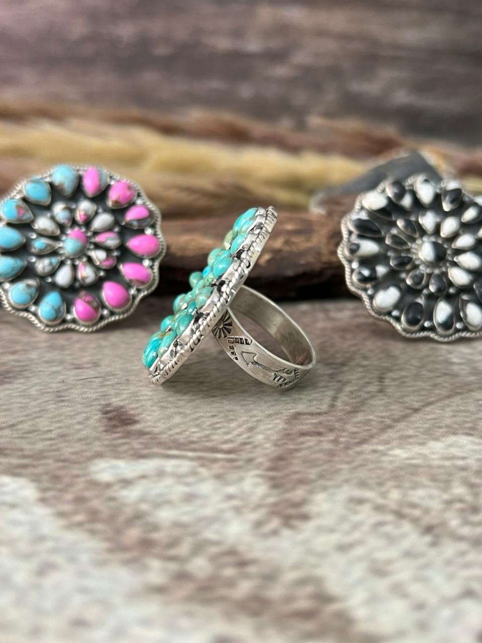 Handmade Sterling Silver Kingman Turquoise, Cotton Candy, White Buffalo Adjustable Ring "Signed Nizhoni"