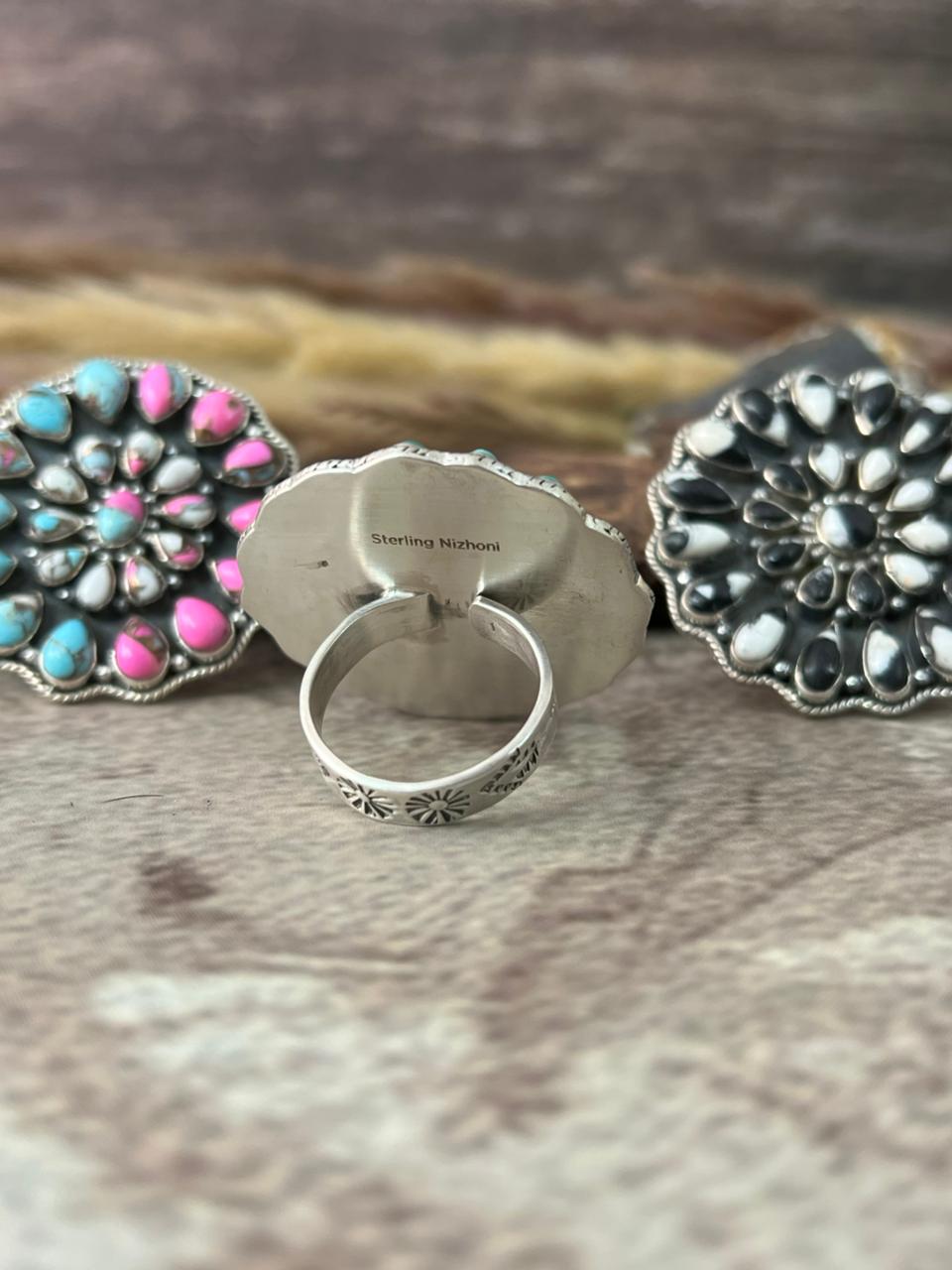 Handmade Sterling Silver Kingman Turquoise, Cotton Candy, White Buffalo Adjustable Ring "Signed Nizhoni"