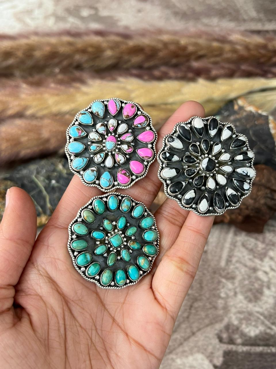 Handmade Sterling Silver Kingman Turquoise, Cotton Candy, White Buffalo Adjustable Ring "Signed Nizhoni"