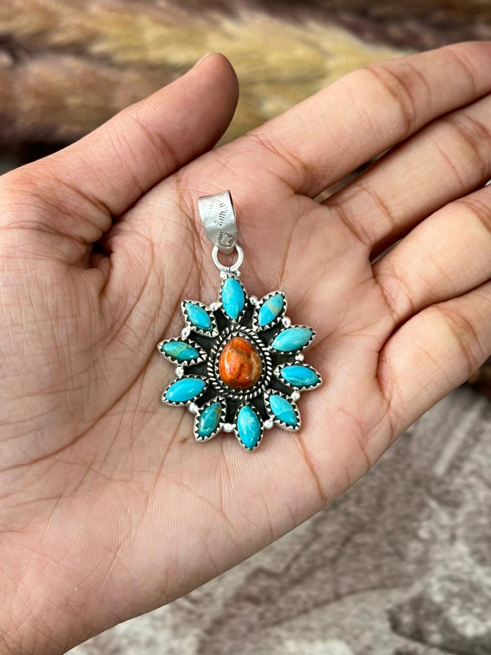 Handmade Sterling Silver Kingman with Orange Mojave Pendant "Signed Nizhoni"